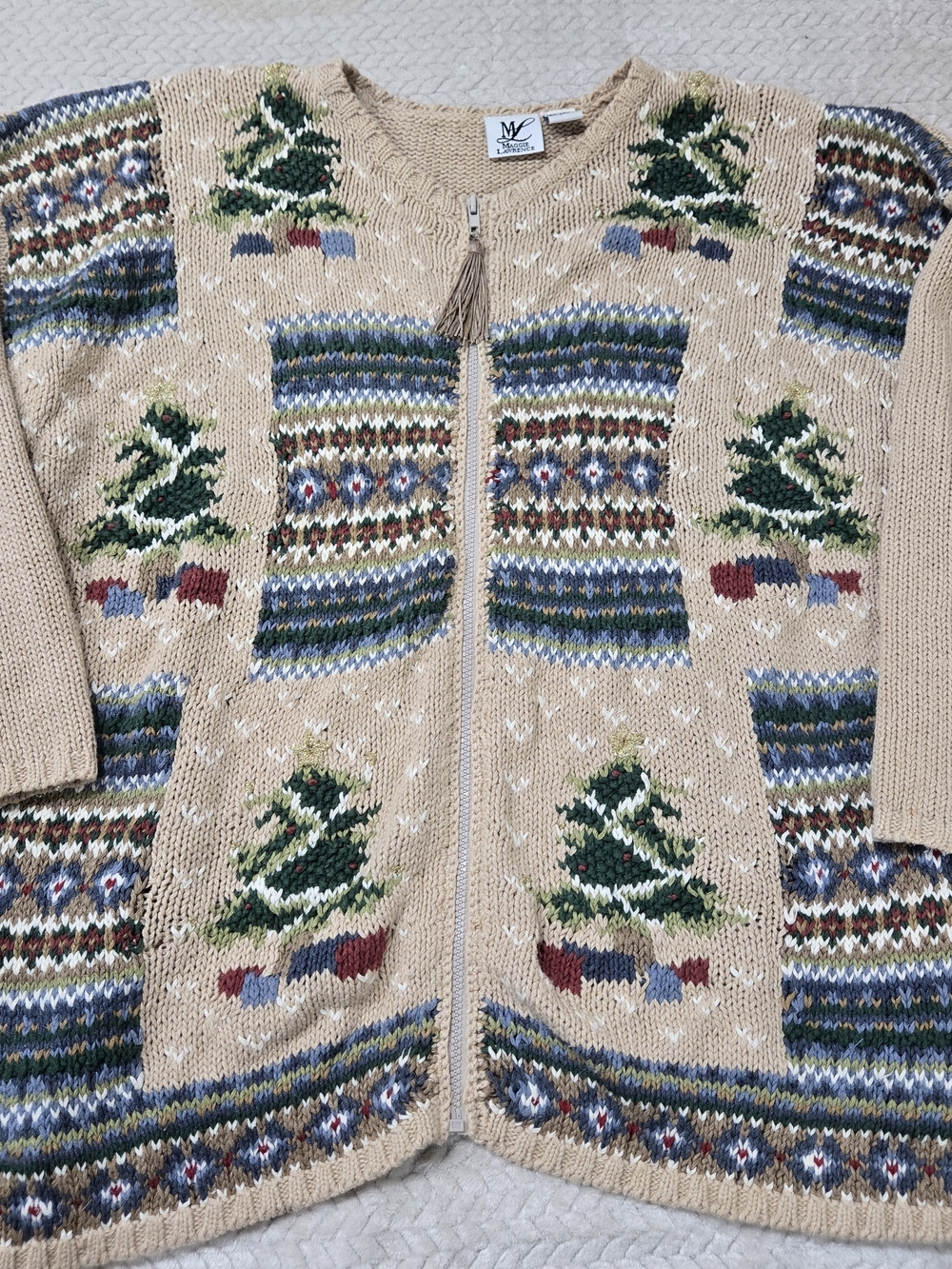 Women’s Beige Holiday Zip Front Cardigan Sweater